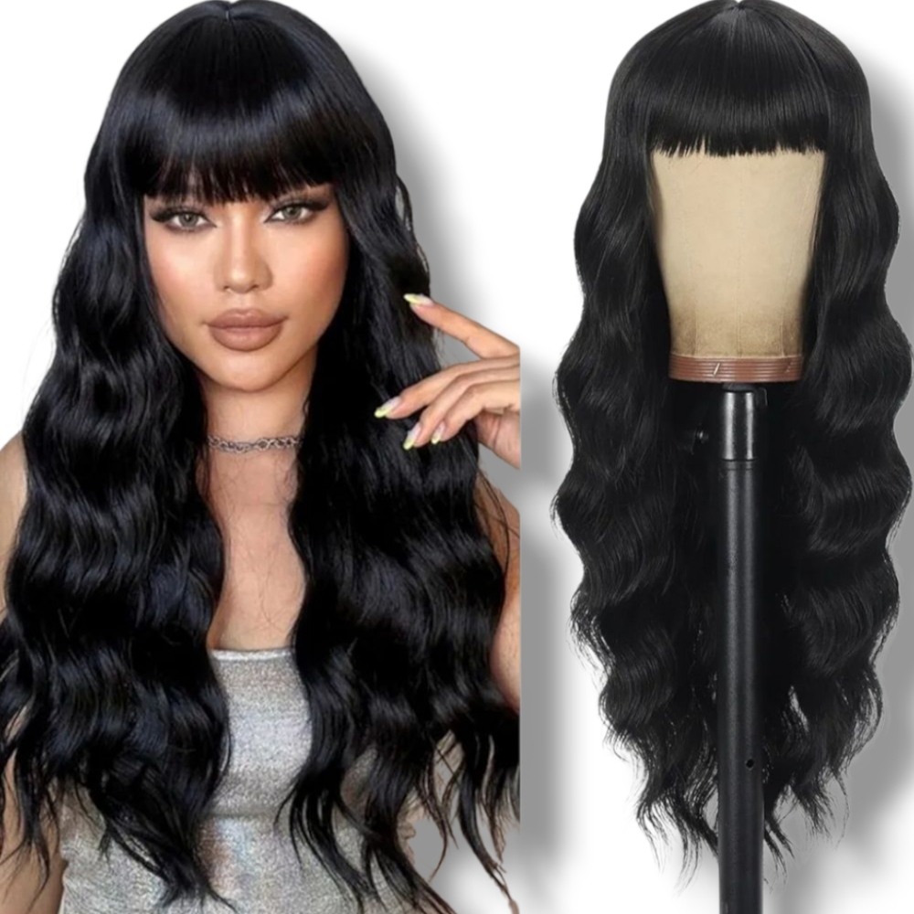 NWT 🖤 ATAYOU 19" Long Black Synthetic Wavy Hair Wig With Bangs/ Heat Resistant